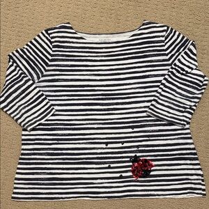 Talbots Womans Black & White Striped T Shirt with Sequined Ladybug Detail, 2X